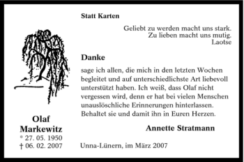 Traueranzeige von Olaf Markewitz von Tageszeitung