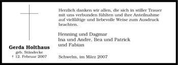 Traueranzeige von Gerda Holthaus von Tageszeitung