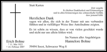 Traueranzeige von Erich Bohne von Tageszeitung