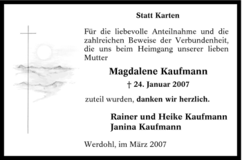 Traueranzeige von Magdalene Kaufmann von Tageszeitung