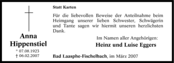 Traueranzeige von Anna Hippenstiel von Tageszeitung