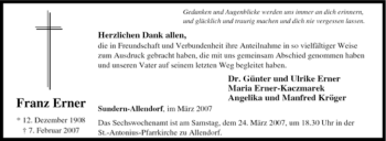 Traueranzeige von Franz Erner von Tageszeitung