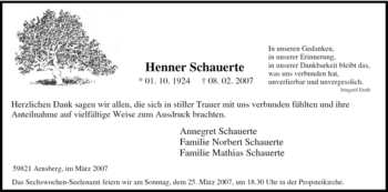 Traueranzeige von Henner Schauerte von Tageszeitung