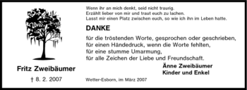 Traueranzeige von Fritz Zweibäumer von Tageszeitung