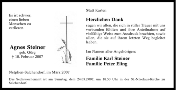 Traueranzeige von Agnes Steiner von Tageszeitung