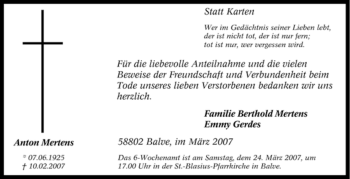 Traueranzeige von Anton Mertens von Tageszeitung