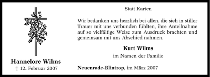  Traueranzeige für Hannelore Wilms vom 17.03.2007 aus Tageszeitung