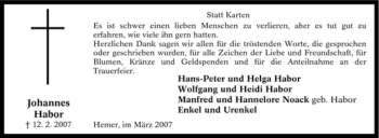 Traueranzeige von Johannes Habor von Tageszeitung