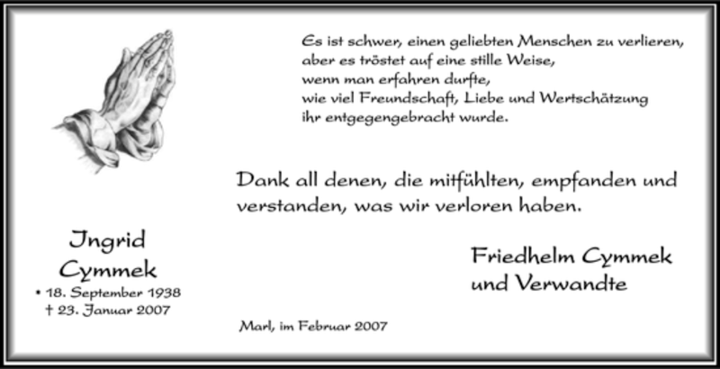  Traueranzeige für Ingrid Cymmek vom 17.03.2007 aus Tageszeitung