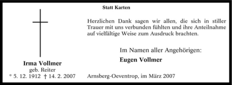  Traueranzeige für Irma Vollmer vom 17.03.2007 aus Tageszeitung