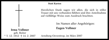 Traueranzeige von Irma Vollmer von Tageszeitung