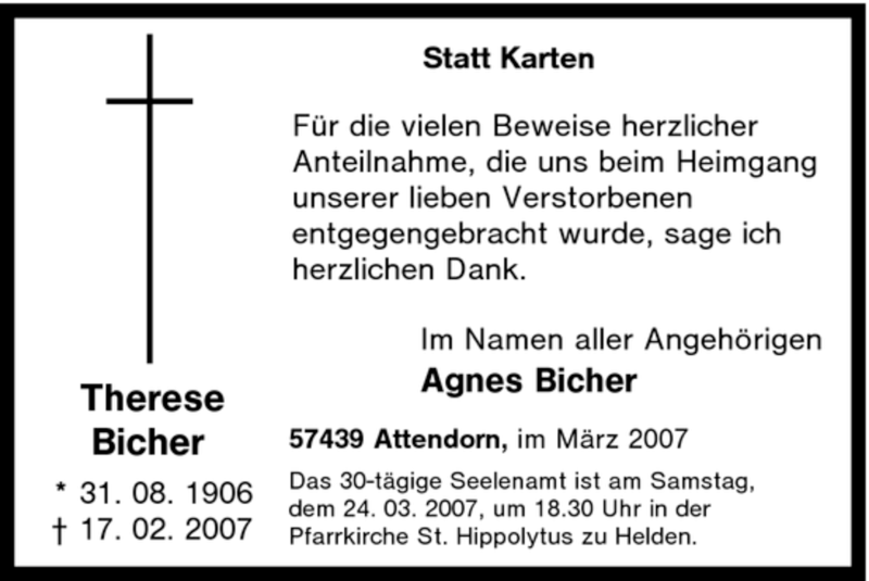  Traueranzeige für Therese Bicher vom 17.03.2007 aus Tageszeitung