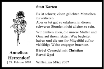 Traueranzeige von Anneliese Herrendorf von Tageszeitung