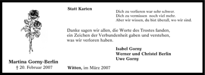  Traueranzeige für Martina Gorny-Berlin vom 17.03.2007 aus Tageszeitung