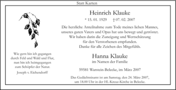 Traueranzeige von Heinrich Klauke von Tageszeitung