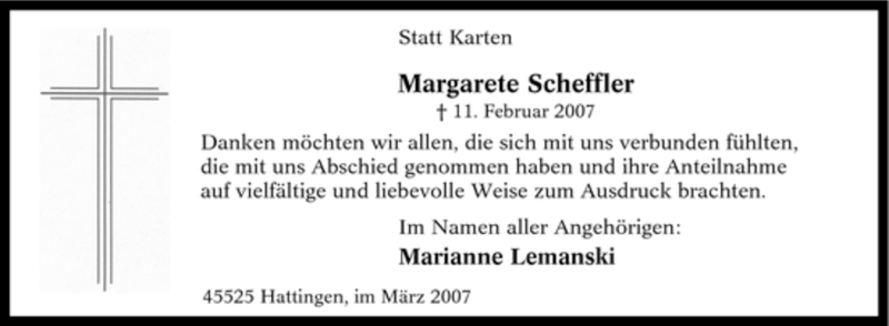  Traueranzeige für Margarete Scheffler vom 17.03.2007 aus Tageszeitung