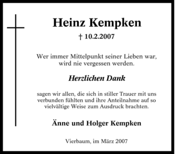Traueranzeige von Heinz Kempken von Tageszeitung