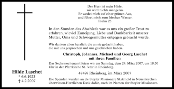 Traueranzeige von Hilde Laschet von Tageszeitung