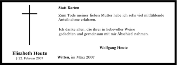 Traueranzeige von Elisabeth Heute von Tageszeitung