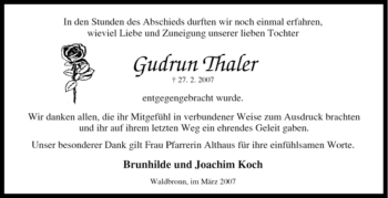 Traueranzeige von Gudrun Thaler von Tageszeitung