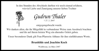 Traueranzeige von Gudrun Thaler von Tageszeitung
