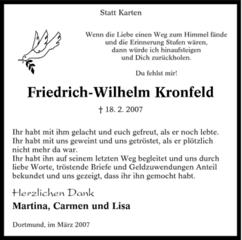 Traueranzeige von Friedrich-Wilhelm Kronfeld von Tageszeitung