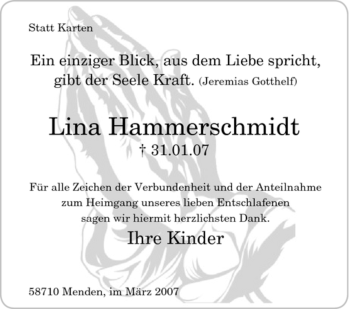 Traueranzeige von Lina Hammerschmidt von Tageszeitung