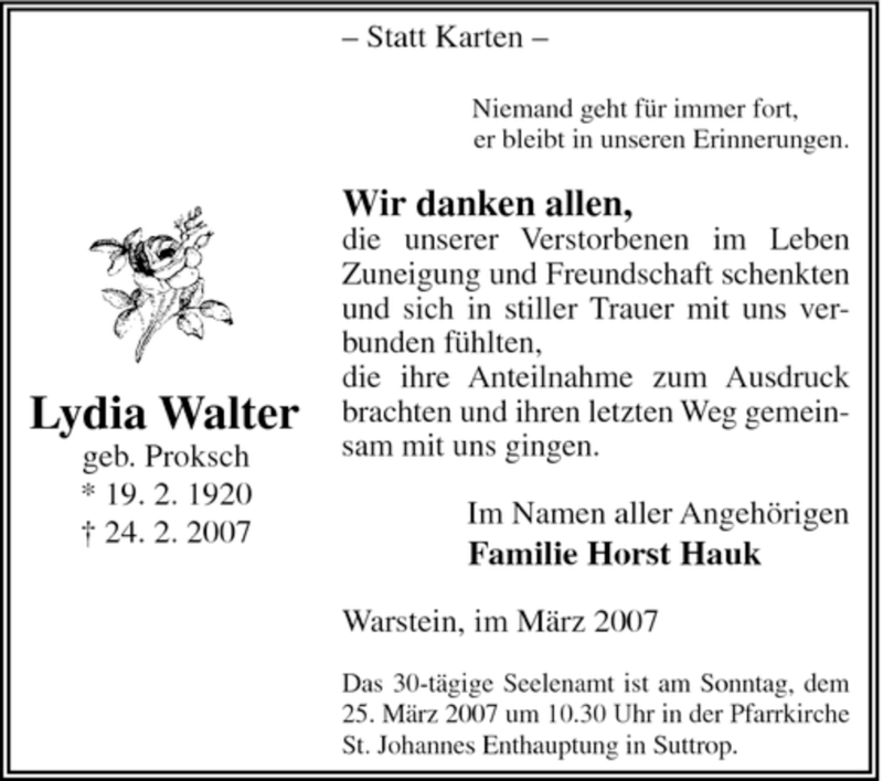  Traueranzeige für Lydia Walter vom 17.03.2007 aus Tageszeitung
