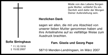 Traueranzeige von Sofie Sirringhaus von Tageszeitung