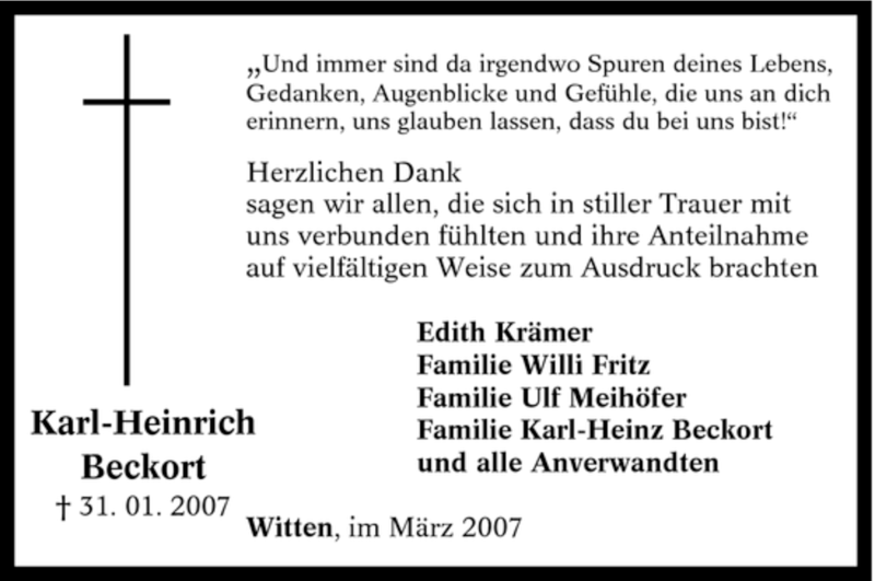  Traueranzeige für Karl-Heinrich Beckort vom 17.03.2007 aus Tageszeitung