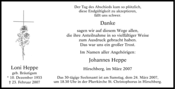 Traueranzeige von Loni Heppe von Tageszeitung