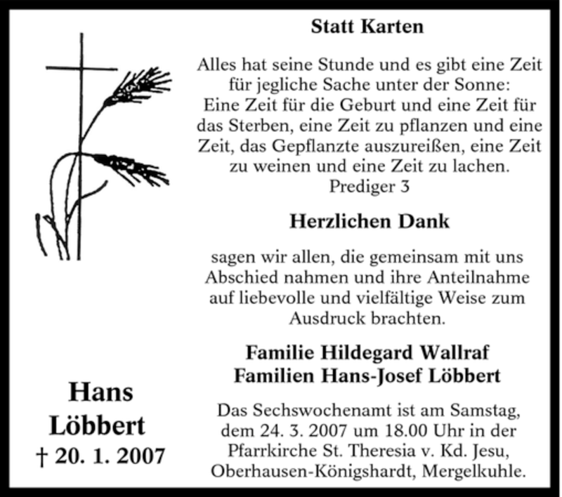  Traueranzeige für Hans Löbbert vom 17.03.2007 aus Tageszeitung