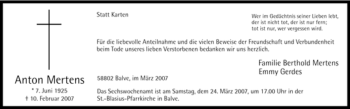 Traueranzeige von Anton Mertens von Tageszeitung