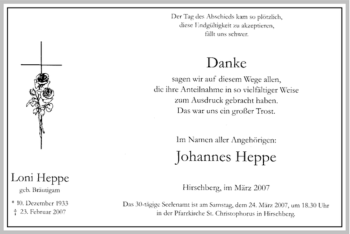 Traueranzeige von Loni Heppe von Tageszeitung