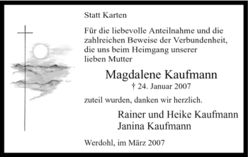 Traueranzeige von Magdalene Kaufmann von Tageszeitung