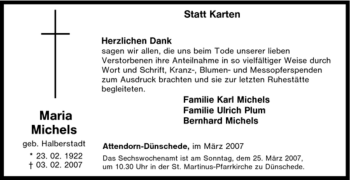 Traueranzeige von Maria Michels von Tageszeitung