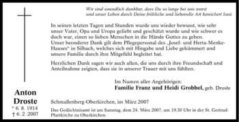 Traueranzeige von Anton Droste von Tageszeitung