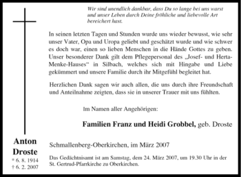 Traueranzeige von Anton Droste von Tageszeitung