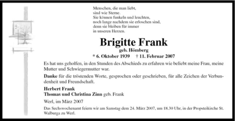  Traueranzeige für Brigitte Frank vom 20.03.2007 aus Tageszeitung