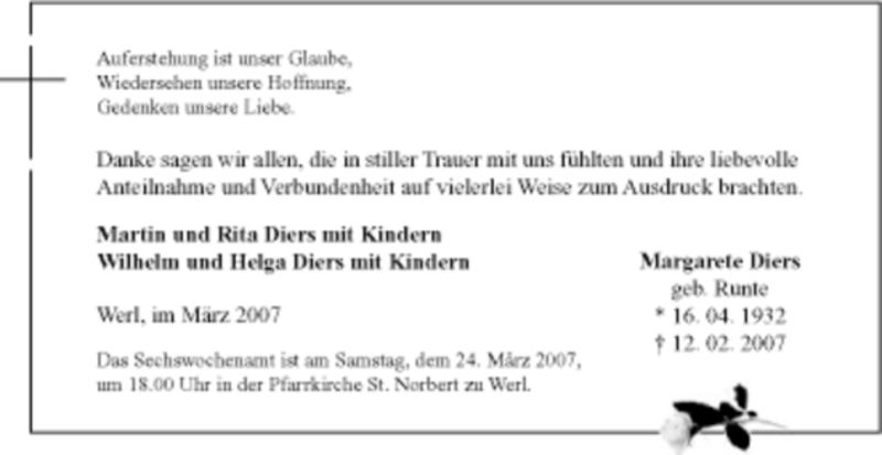  Traueranzeige für Margarete Diers vom 20.03.2007 aus Tageszeitung