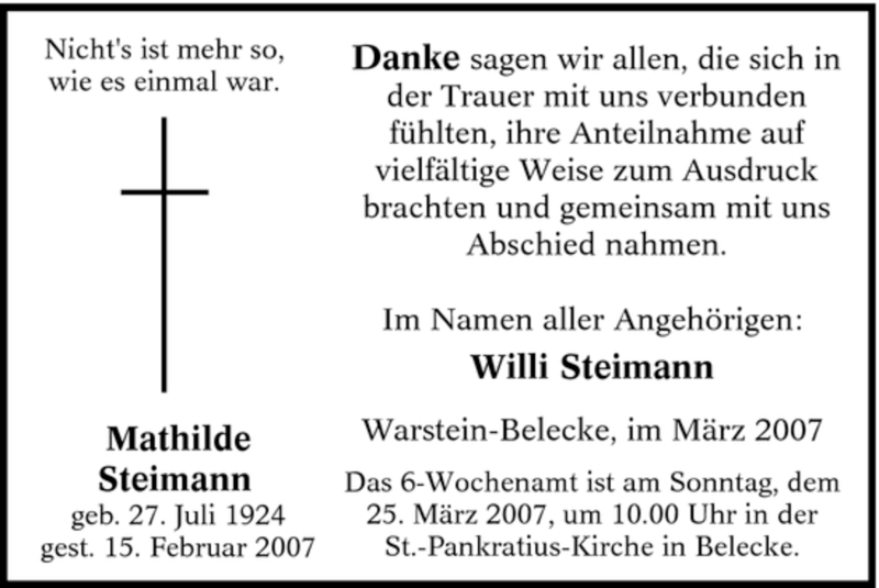  Traueranzeige für Mathilde Steimann vom 20.03.2007 aus Tageszeitung