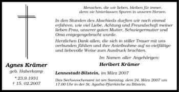 Traueranzeige von Agnes Krämer von Tageszeitung