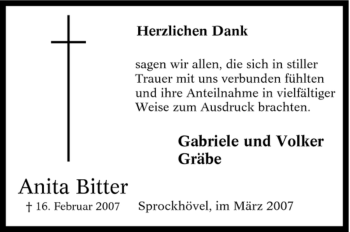 Traueranzeige von Anita Bitter von Tageszeitung