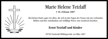 Traueranzeige von Marie Helene Tetzlaff von Tageszeitung