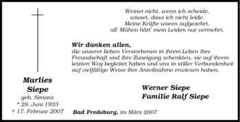 Traueranzeige von Marlies Siepe von Tageszeitung