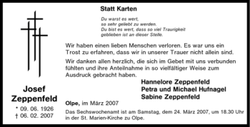 Traueranzeige von Josef Zeppenfeld von Tageszeitung