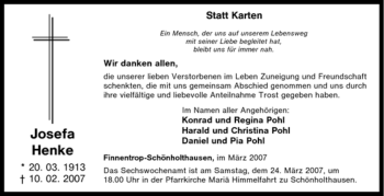 Traueranzeige von Josefa Henke von Tageszeitung