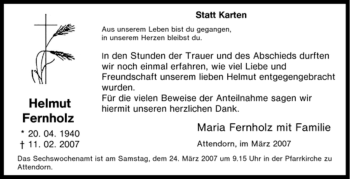 Traueranzeige von Helmut Fernholz von Tageszeitung