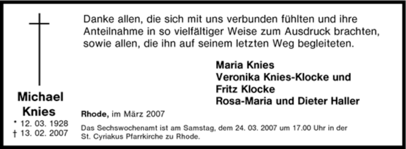  Traueranzeige für Michael Knies vom 21.03.2007 aus Tageszeitung