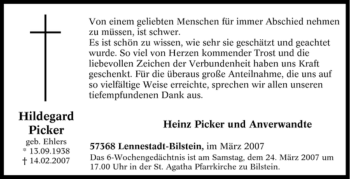 Traueranzeige von Hildegard Picker von Tageszeitung